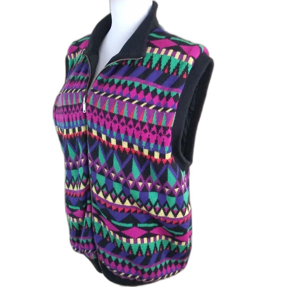 VTG Mondi Multi-Colored Sweater Vest Size M Full Zip Quilted Lining